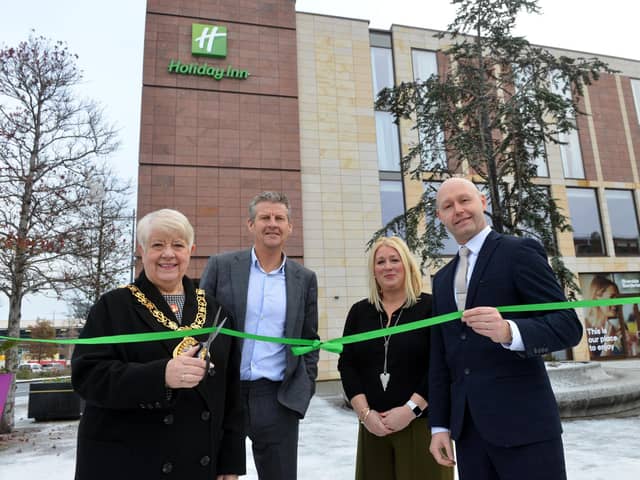 Mayor of Sunderland Councillor Alison Smith officially opening the new Holiday Inn Sunderland in Keel Square in December 2022; with general manager Rob Dixon, athlete Steve Cram and Sharon Appleby of Sunderland BID.