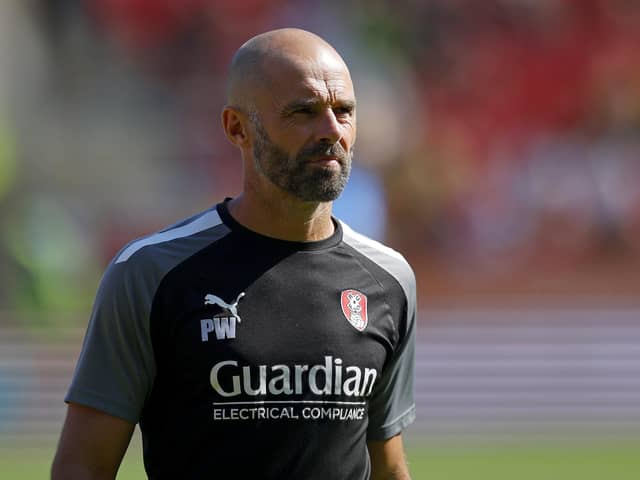 ROTHERHAM, ENGLAND - AUGUST 27: Rotherham United manager Paul Warne looks on during the Sky Bet Championship between Rotherham United and Birmingham City at AESSEAL New York Stadium on August 27, 2022 in Rotherham, England. (Photo by Malcolm Couzens/Getty Images)