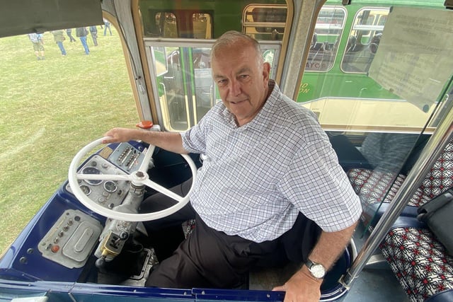 Rodger Burdett at the wheel of a 1969 Bristol RE bus.