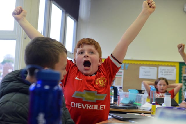 Hasting Hill Academy pupil, Ashton Douglas, 11, shows his joy after England's third goal.