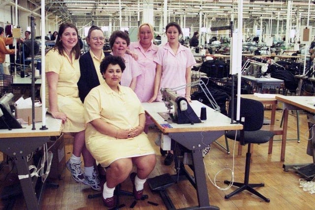 You could pick up a real bargain from the outlet shops at Dewhirsts and the distinctive yellow gingham uniforms, and white socks, of its workers almost became as famous as the shop itself. In February 1997 a film crew visited the Leechmere factory. Pictured here are, from left: Ann Adams, Jackie Finnigan, Pat Spooner, Julie Wales, Stephaney Brown and front, Wendy Purnell.