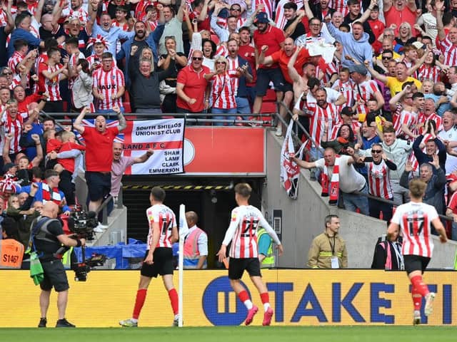 Sunderland fans celebrating Ross Stewart's winning goal at Wembley (Photo by Justin Setterfield/Getty Images)
