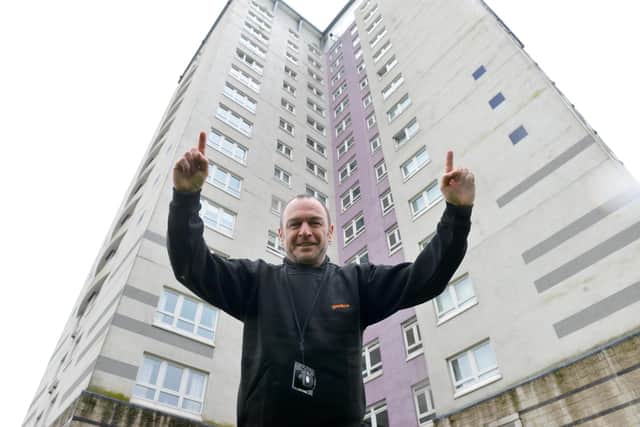 Done it! Super-janitor Richard Potts at Aldenham Tower, Lakeside where he climbed 100,436 steps. Picture by Stu Norton.