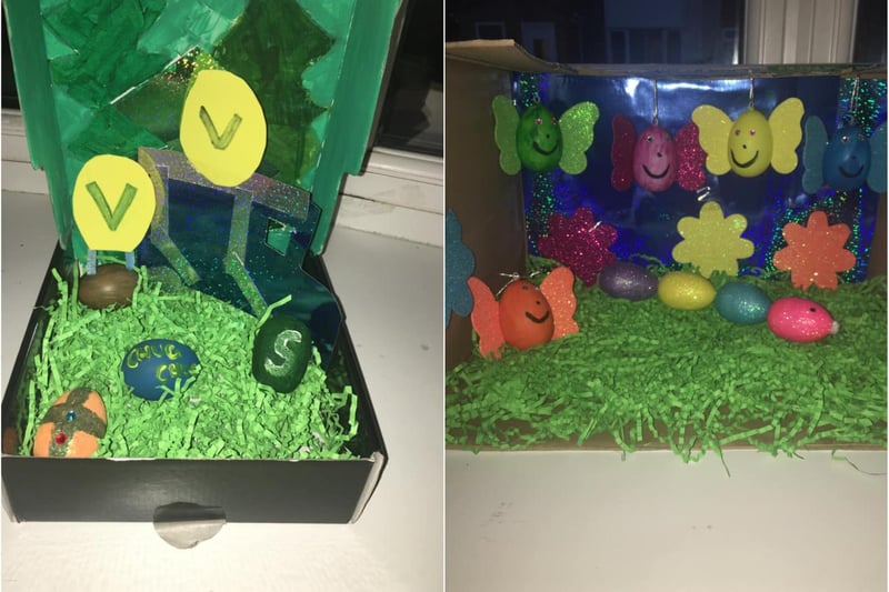 A Fortnite battle bus by Jaxon Conlin, age 10, and a sparkling butterfly and caterpillar garden by Jessie-Mae Conlin, age 6.