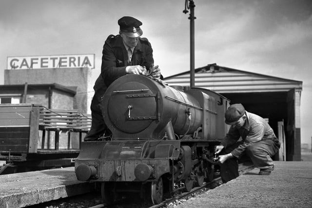 Ready for a busy Easter weekend! Tom Reed and Frank Lear, with the miniature trains at Seaburn in April 1954.