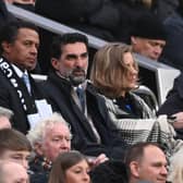 Newcastle United chairman Yasir Al-Rumayyan, second lef, and co-owner Amanda Staveley at St James's Park.
