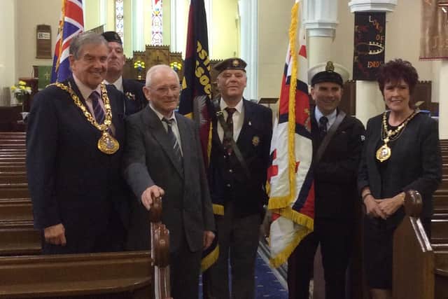SS City of Benares survivor Bill Short, second left at the front at the previous memorial service in 2015. Billy passed away in 2016.