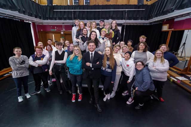 The Apprentice contestant and former University of Sunderland graduate Reece Donnelly pictured with Year 2 and 3 drama students.
Picture: DAVID WOOD