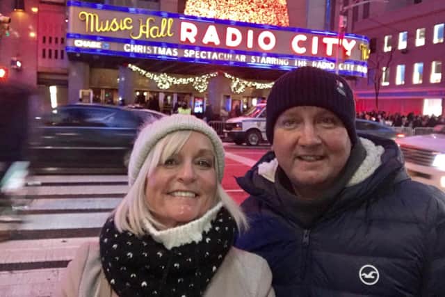 Claire Hodgson and partner David Gaukrodger had a nightmare holiday in New York. After this picture was taken she was admitted to hospital on her birthday with sepsis and pneumonia.