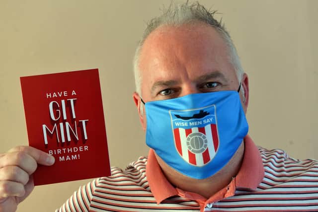 Mackem Cards social media manager Mal Robinson with the newly designed card and mask.