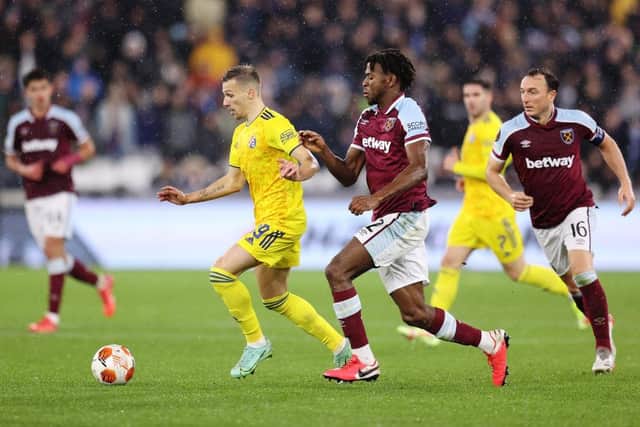 Aji Alese playing for West Ham United against Dinamo Zagreb in UEFA Europa League.(Photo by Alex Pantling/Getty Images)