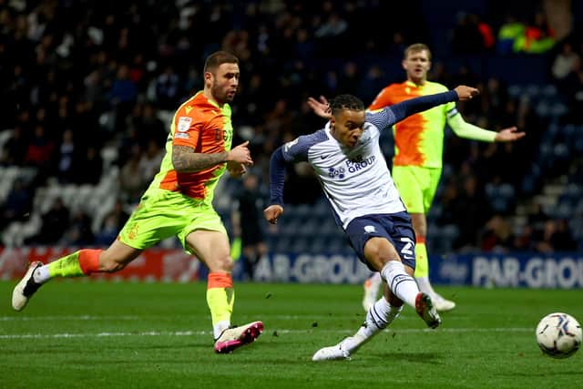 PRESTON, ENGLAND - FEBRUARY 22: Cameron Archer of Preston North End scores, but the goal was disallowed during the Sky Bet Championship match between Preston North End and Nottingham Forest at Deepdale on February 22, 2022 in Preston, England. (Photo by Clive Brunskill/Getty Images)