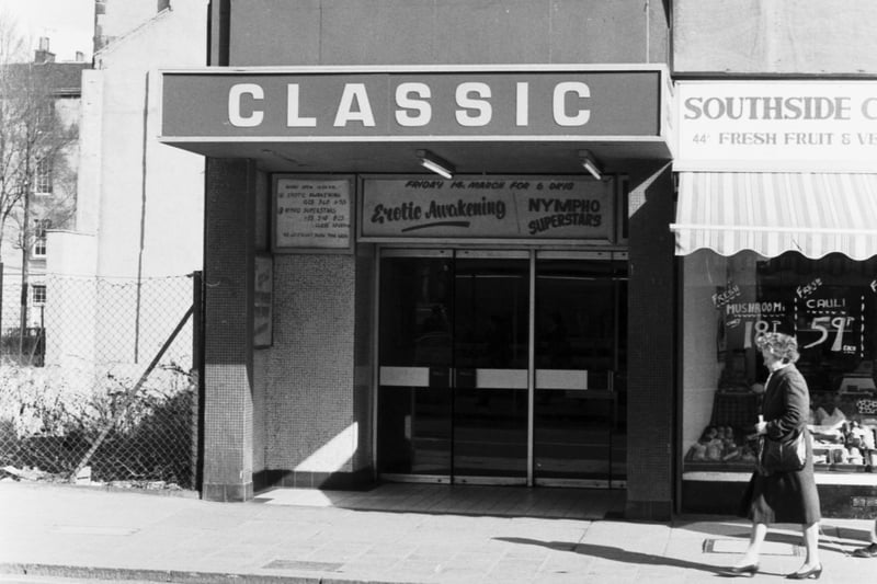 Exterior of the Classic cinema in Nicolson Street Edinburgh. Opened in 1912 as La Scala, by March 1986, the Classic was showing mostly adult films and closed in 1987.
