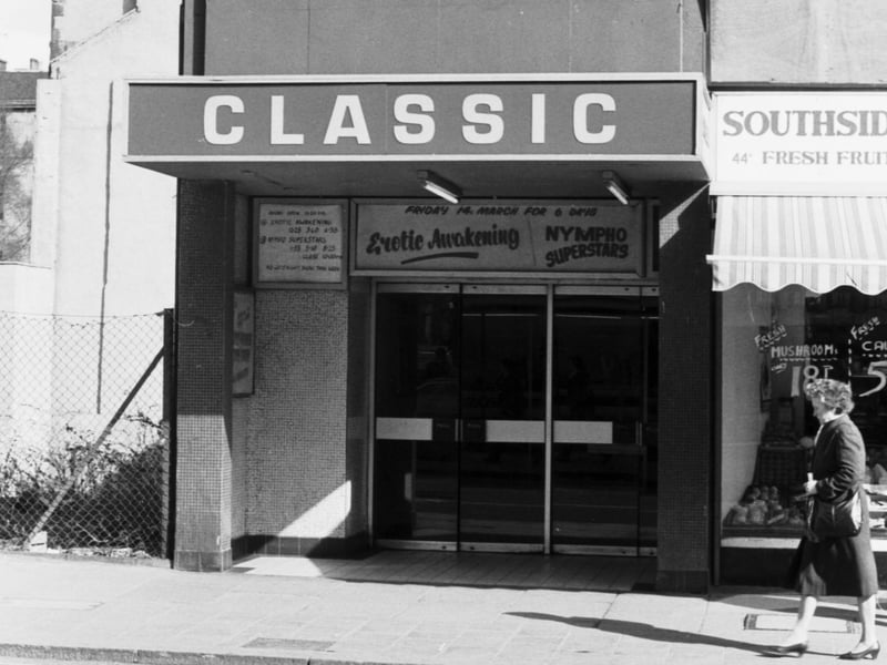 Exterior of the Classic cinema in Nicolson Street Edinburgh. Opened in 1912 as La Scala, by March 1986, the Classic was showing mostly adult films and closed in 1987.