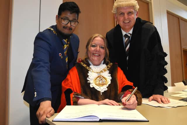 L-R: New Deputy Mayor Cllr Ehthesham Haque, New Mayor of Sunderland Cllr Allison Chisnall, Sunderland City Council's Chief Executive Patrick Melia