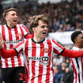 Edouard Michut of Sunderland celebrates their side's second goal scored by Dennis Cirkin of Sunderland (not pictured) during the Sky Bet Championship between West Bromwich Albion and Sunderland at The Hawthorns. (Photo by Clive Mason/Getty Images)