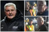 Image of West Brom manager Steve Bruce (Getty), screenshots from video from Andrew Beaven (@andybaggie)