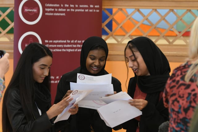 (from left) Shadia Ali, Zainab Akhtar and Hanifah Khatun opening their results at Thornhill Academy