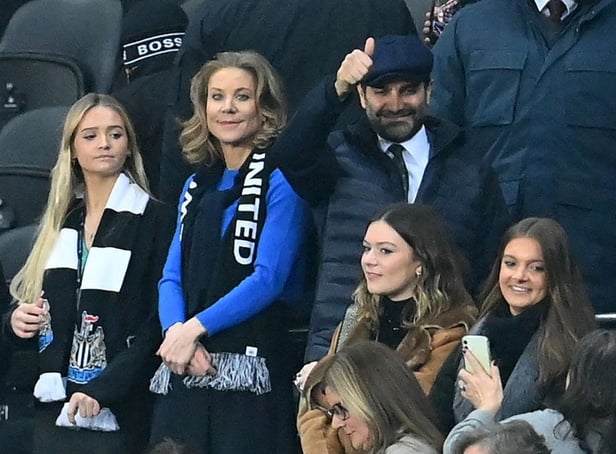 Newcastle United's English minority owner Amanda Staveley (2nd L) and her husband Mehrdad Ghodoussi (C) take their seats for the English Premier League football match between Newcastle United and Manchester United at St James' Park in Newcastle-upon-Tyne, north east England on December 27, 2021. (Photo by PAUL ELLIS/AFP via Getty Images)