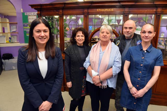 Lisa Nandy MP, Shadow Secretary of State for Communities with Julie Elliott MP and residents from left Lynn Wilson, Brian Britton and Amanda Kelly.