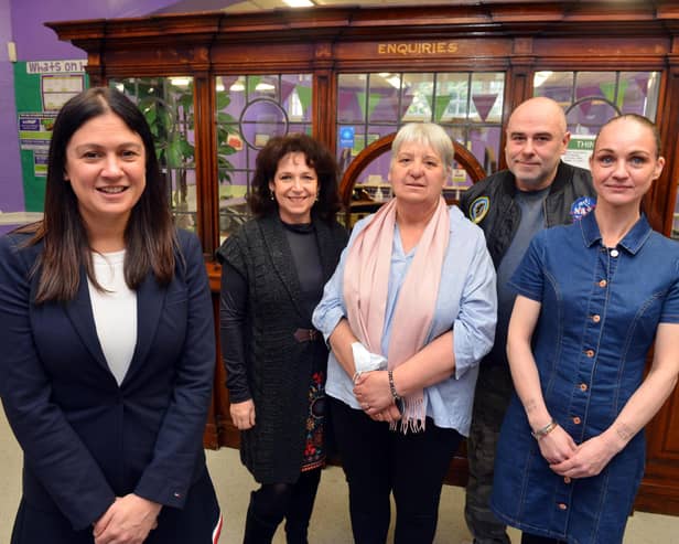 Lisa Nandy MP, Shadow Secretary of State for Communities with Julie Elliott MP and residents from left Lynn Wilson, Brian Britton and Amanda Kelly.