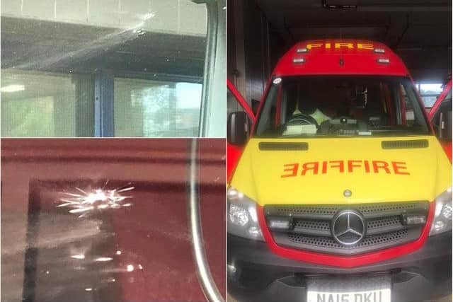 Damage caused to a Tyne and Wear Fire and Rescue Service vehicle in Thursday's attack.