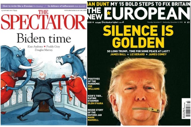 The Spectator's tongue-in-cheek front page depicted the challenge Mr Biden now faces in trying to heal a divided nation, while the New European expressed relief that Mr Trump has left office.