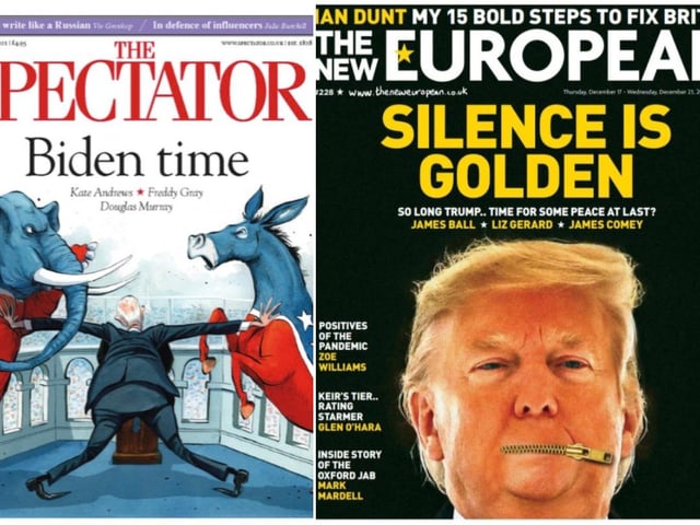 The Spectator's tongue-in-cheek front page depicted the challenge Mr Biden now faces in trying to heal a divided nation, while the New European expressed relief that Mr Trump has left office.