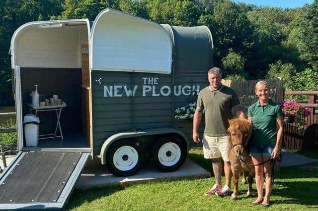 Owners of The New Plough Coffee Trailer Emma Mould and Marc Harrison, with Shetland pony, Charlie