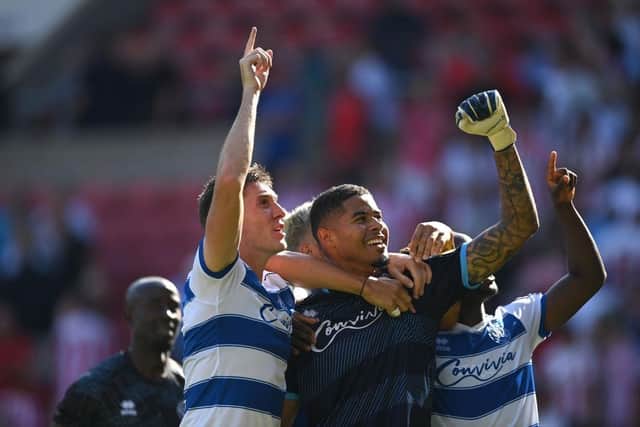 QPR goalkeeper Seny Dieng celebrates with team mates after scoring the second QPR goal during the Sky Bet Championship between Sunderland and QPR. (Photo by Stu Forster/Getty Images)