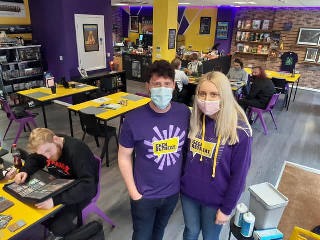 Sunderland businesses welcome customers back indoors today as lockdown restrictions are eased further. Geek Retreat owners Stewart Brass and Laura Green.