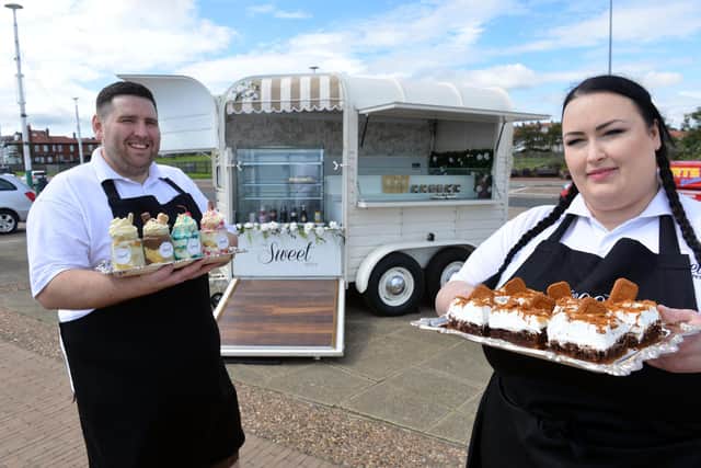 The Sweet Petite cake trailer's Laura and Thomas Graham at the Victorian tram shelter in Seaburn

