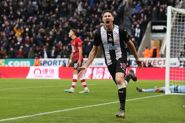 Federico Fernandez of Newcastle United celebrates after scoring his team's second goal during the Premier League match between Newcastle United and Southampton FC at St. James Park on December 08, 2019 in Newcastle upon Tyne, United Kingdom. (Photo by Nigel Roddis/Getty Images)