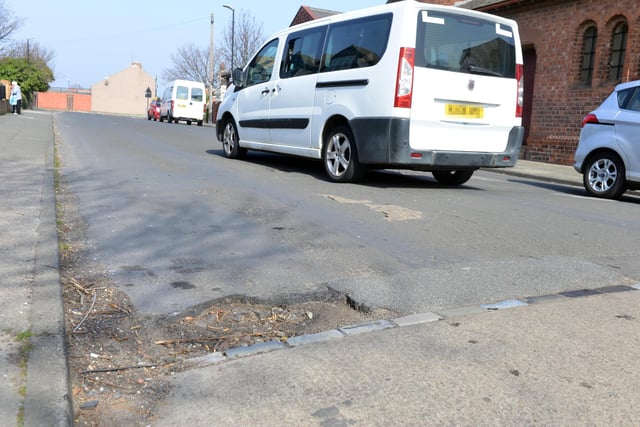 A large pothole on Cornhill Road in Sunderland.