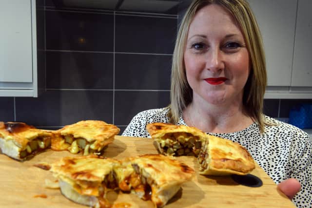 Tarts and Traybakes founder Nicola Ward with one of her previous productions - cheesy chips in a pie for Sunderland AFC fans.