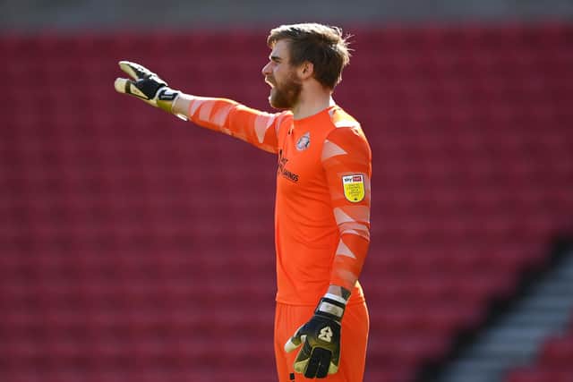 Sunderland goalkeeper Lee Burge reacts during the Sky Bet League One match between Sunderland and Oxford United at Stadium of Light on April 2, 2021.