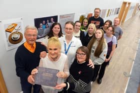 Head and neck cancer patients Keith Halling, Maria Elliott and Claire Scott with speech and language therapist Beth Halliday and University of Sunderland students. Sunderland Echo image.