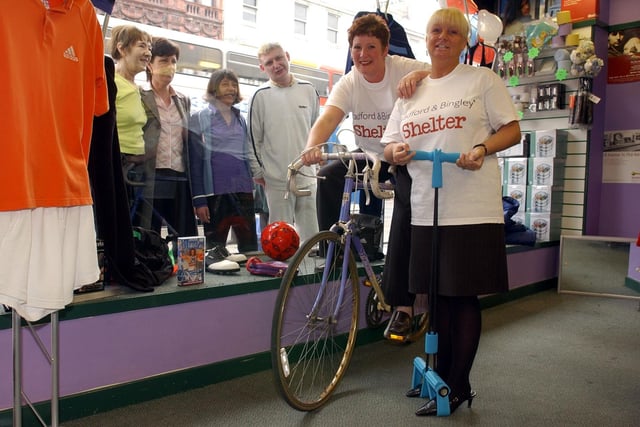 Karen Boggon and Colleen Mardghum were hard at work in training 20 years ago. The two workers for Bradford and Bingley Building Society grabbed a spot of exercise in the window of the Shelter charity shop in Fawcett Street.