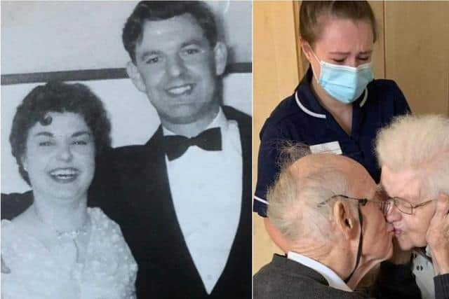 Peter and Doreen Foster as a young couple, and after finally being reunited following months of separation in 2020.