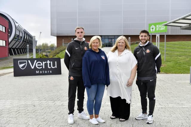 Sunderland stars Carl Winchester and Lynden Gooch meet Joanne Youngson (centre left) and Cath Reid (centre right)