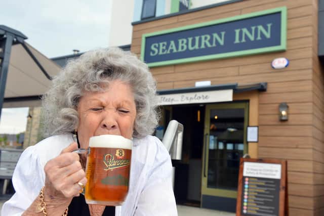 Lyn Overend enjoying one of the very first pints at the Seaburn Inn