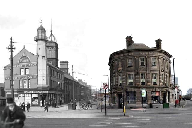 How the lighthouse building used to look alongside how the Wheat Sheaf building looks now