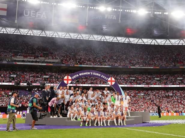 England players celebrate with the UEFA Women’s Euro 2022 Ttophy after their side's victory. Picture: Naomi Baker/Getty Images.