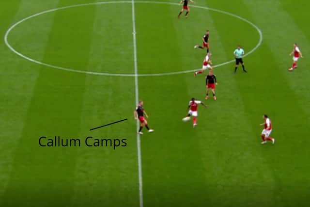 Figure Two: Callum Camps plays a forward pass for Fleetwood striker Gerard Garner to chase and convert. (Sky Sports)