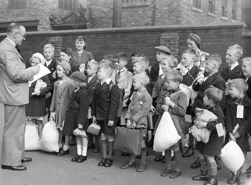 These children lined up in Hudson Road in 1940 before being evacuated. The street's name derives from the MP for Sunderland from 1857 to 1859 and the man who financed the building of Sunderland's South Dock.