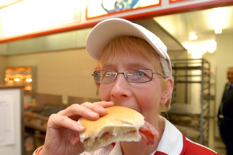Diane Pounder was enjoying a Dicksons bacon sandwich in this 2006 photo.