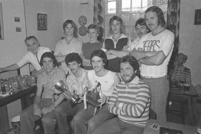 The Shiney Row Travellers Rest FC annual presentation.
Pictured in 1977 were, ront row, left to right: Steve Lowery, Norman Wilson, Alan Straughan, John Pickering, (chairman),. Back row: Jimmy McKinney, Trevor Hawthorne, Alan Simpson, Billy Bilton (player of the year), Davy Cullen, Alan Birne.