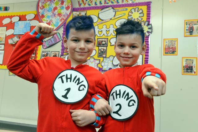 Burnside Academy twins Ollie and Mason Candlish, both seven, as Thing 1 and Thing 2.