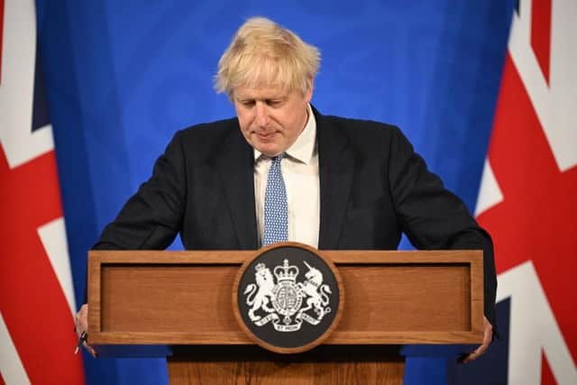 Prime Minister Boris Johnson holds a press conference in response to the publication of the Sue Gray report. Picture: Leon Neal - WPA Pool /Getty Images.