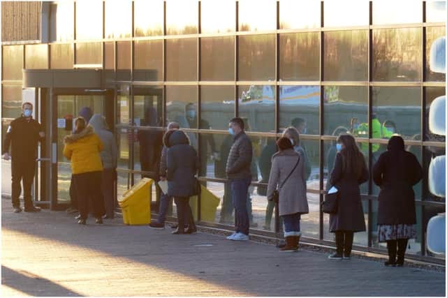 Queues of people outside of the Nighingale Hospital in Sunderland as the facility opened as a mass vaccination site.